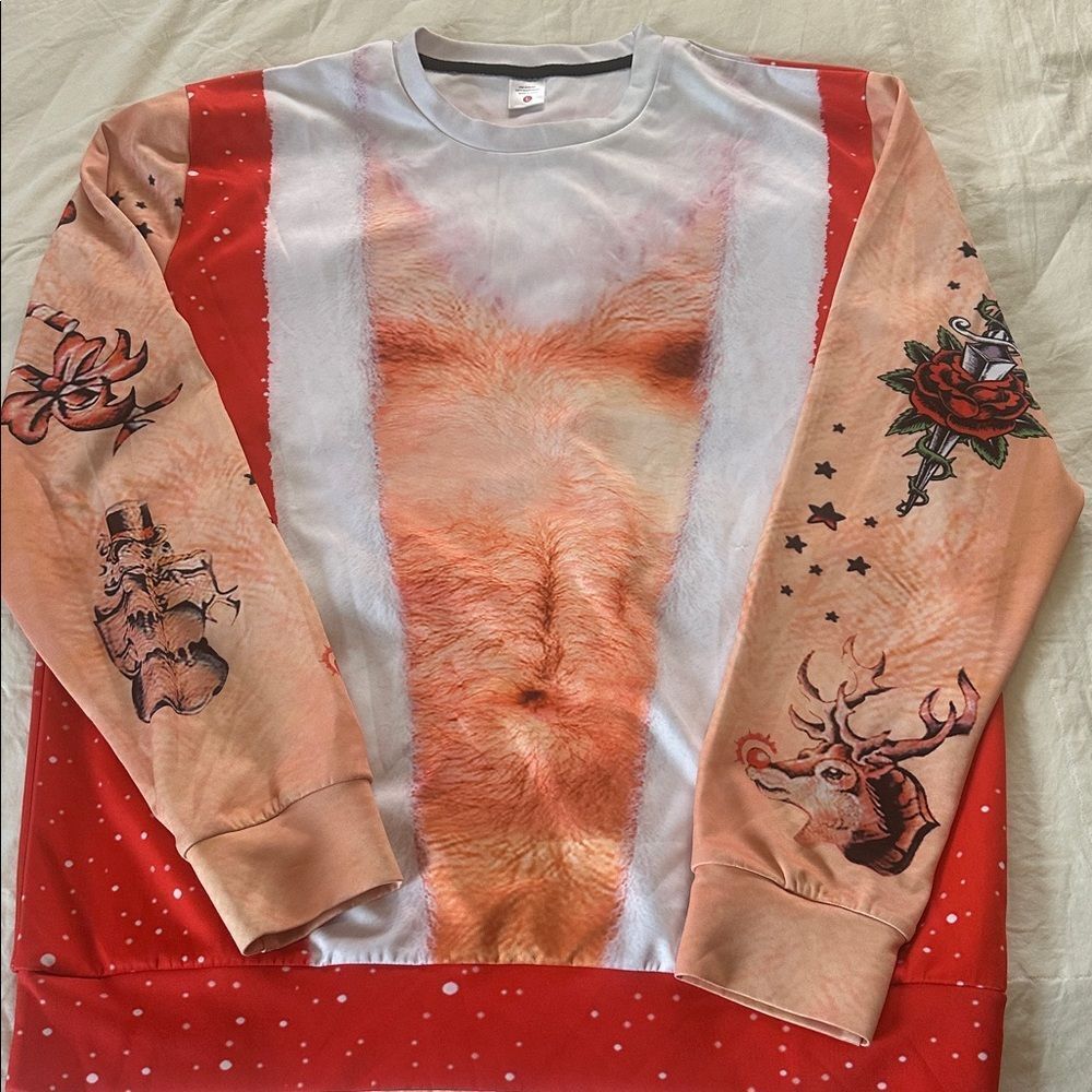 Mans Hairy Belly In Ugly Christmas Sweater Tattoos Vest T shirt Size Large